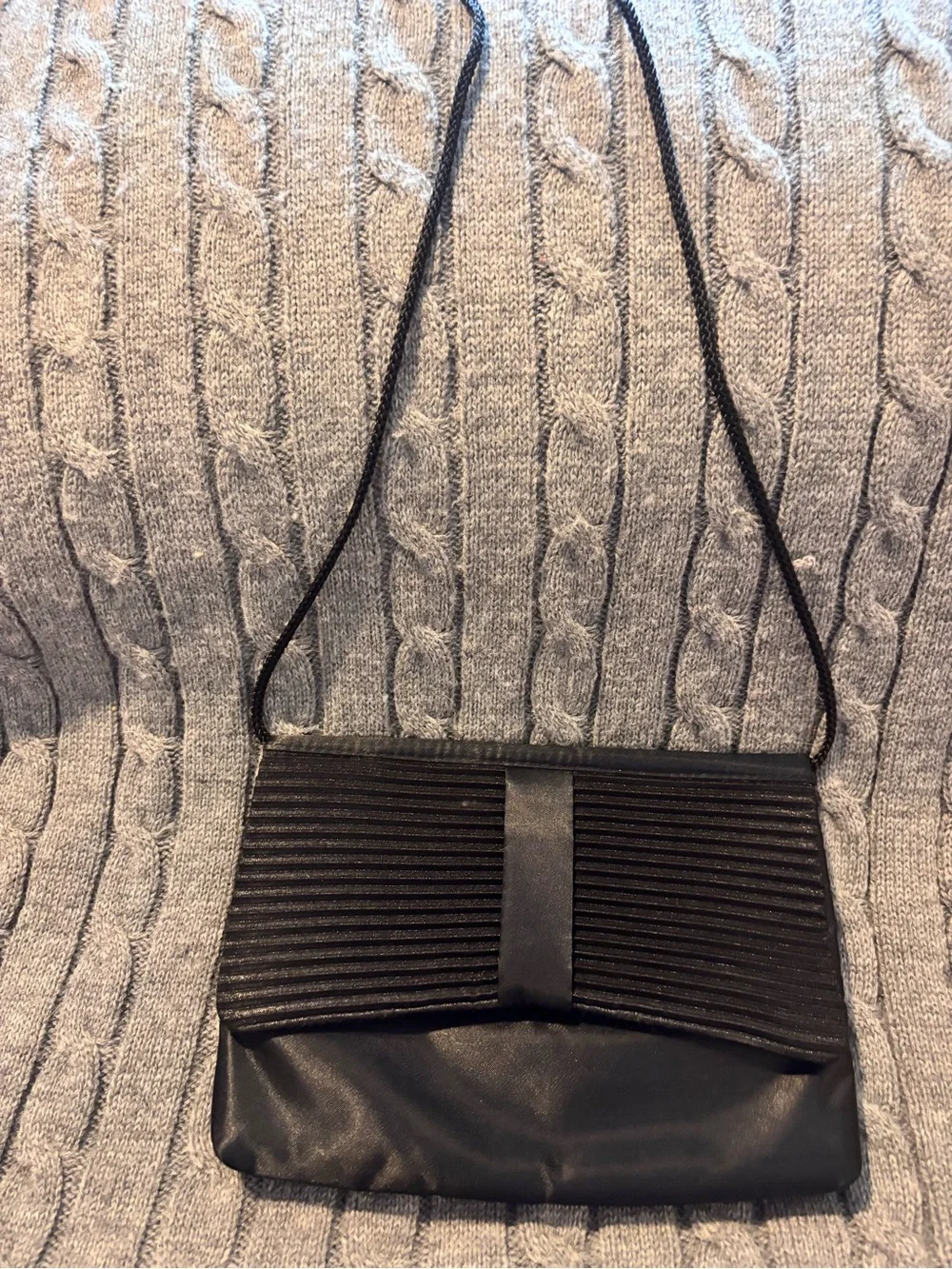 VTG Dover Black Satin Evening Bag Clutch Pleated Bow Convertible Crossbody Purse